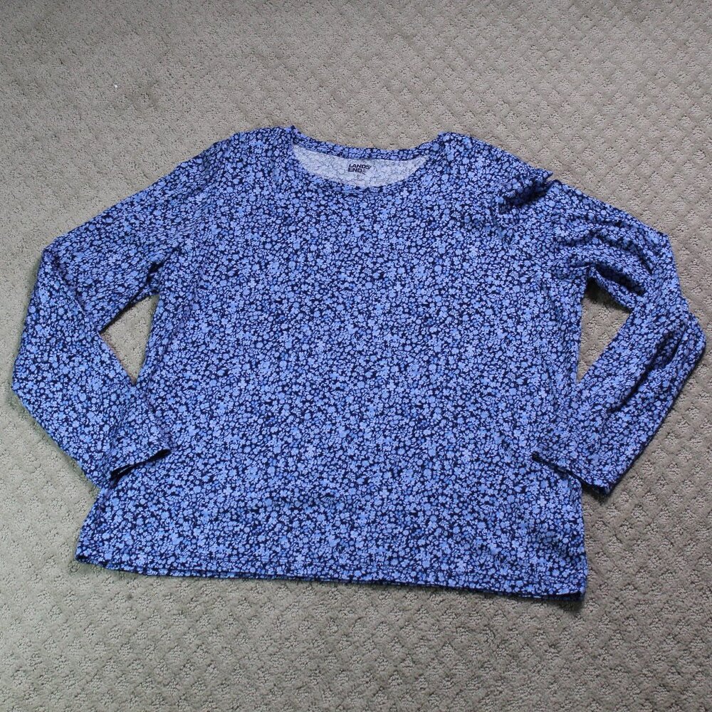 Lands End 100% Cotton Sz XL Floral Blue on Blue Long Sleeve Women's Top